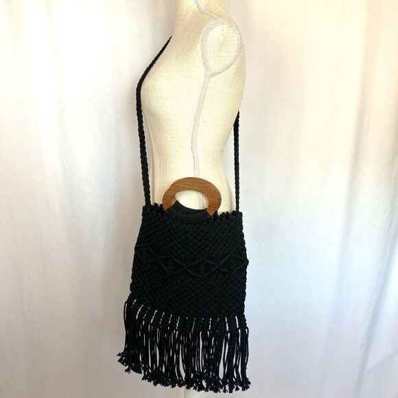 Anthropologie Danielle Nicole Black Boho Retro Macrame Bag Crossbody Tote Gypsy - Picture 1 of 7